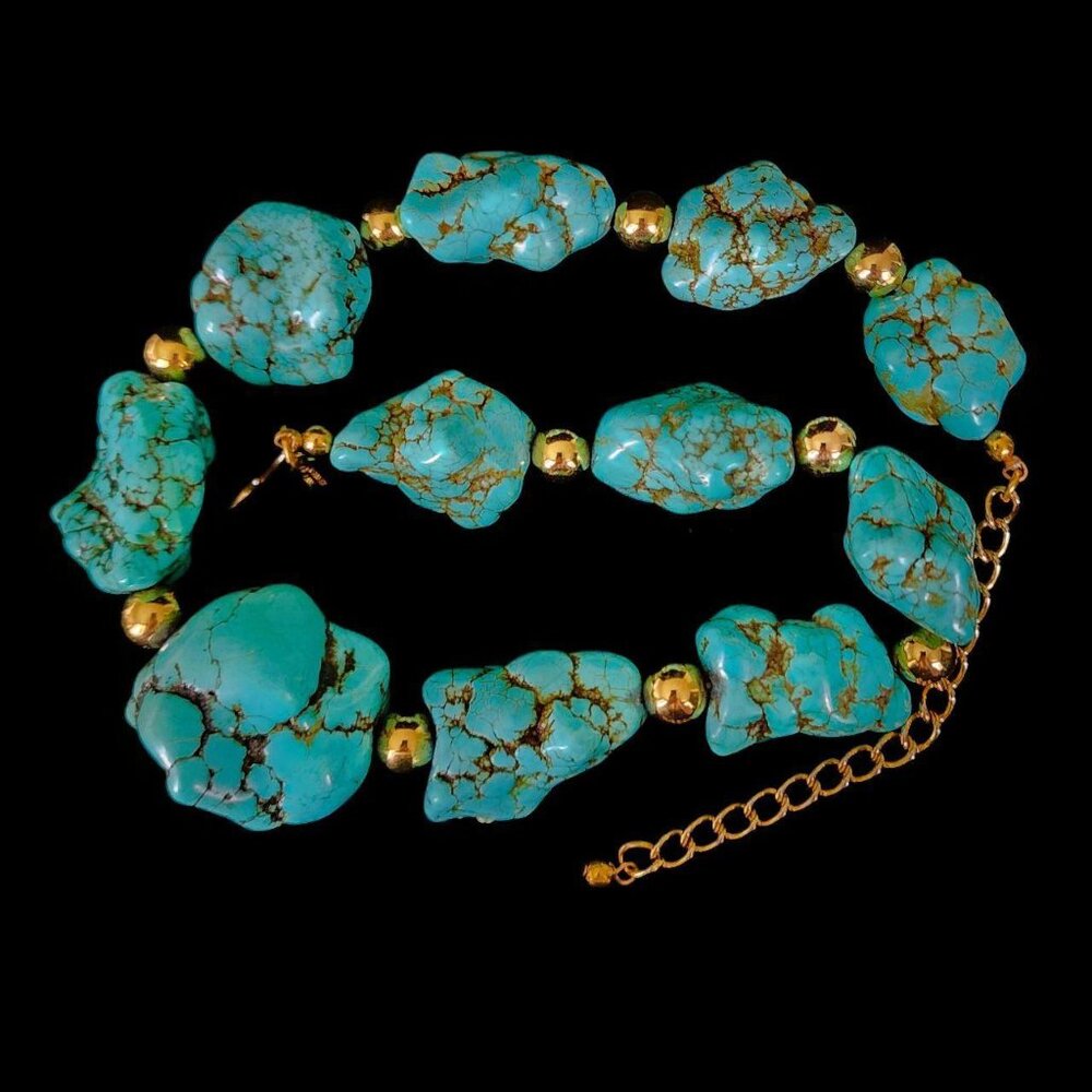 VINTAGE Kenneth Jay Lane Turquoise Nugget Statement Necklace Signed 17"-21" - Picture 2 of 8